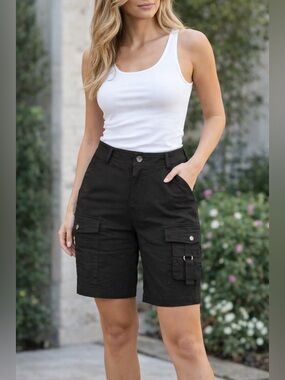 Flamingals Flap Pockets Cargo Bermuda Shorts in Black Cotton Size Large NWT